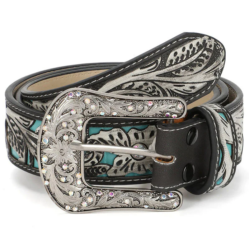 Women's Retro Carved Turquoise Accent Crystal Buckle Leather Belt