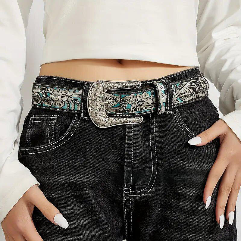 Women's Retro Carved Turquoise Accent Crystal Buckle Leather Belt - Image 2