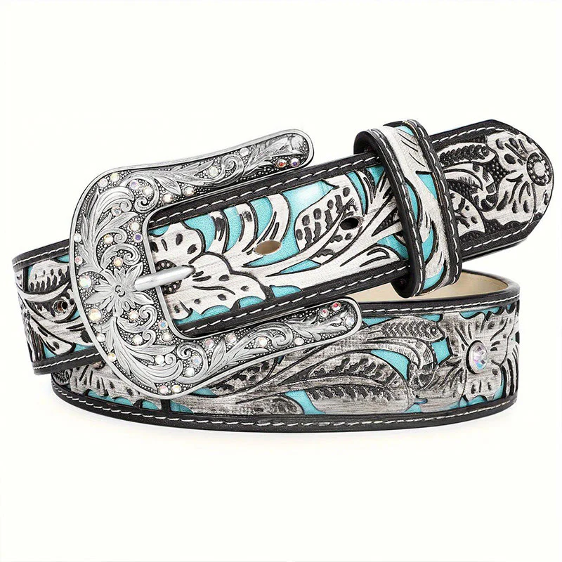 Women's Retro Carved Turquoise Accent Crystal Buckle Leather Belt - Image 3