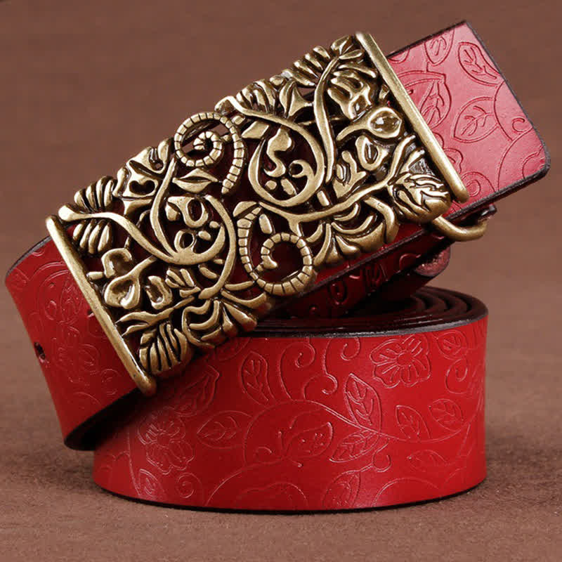 Women's Retro Embossed Hollow Flower Buckle Leather Belt - Image 11