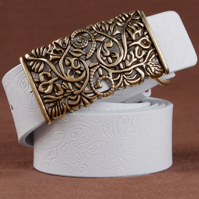 Women's Retro Embossed Hollow Flower Buckle Leather Belt - Image 12