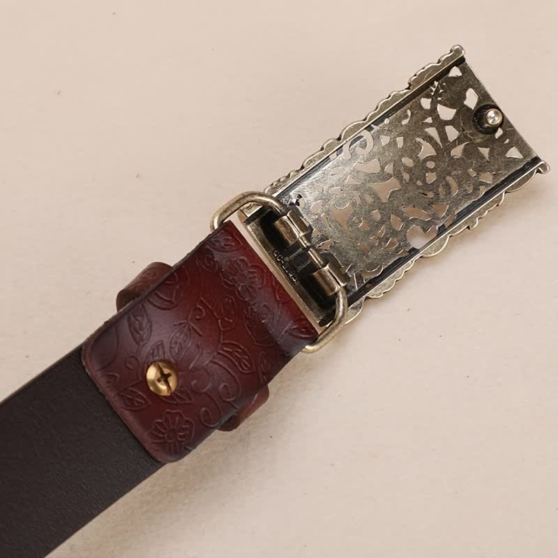 Women's Retro Embossed Hollow Flower Buckle Leather Belt - Image 6