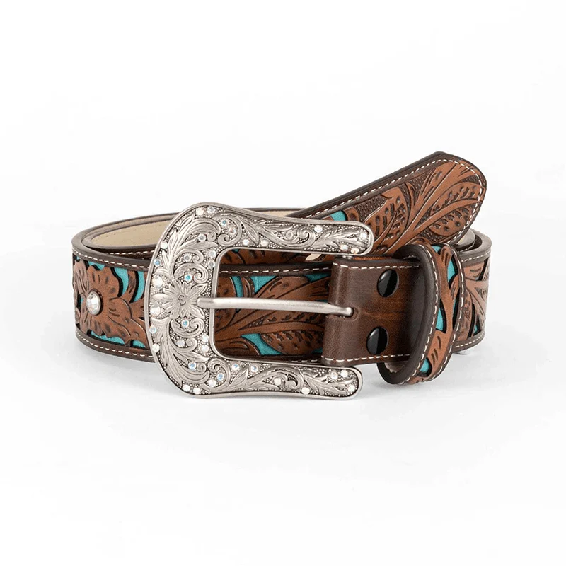 Women's Rhinestone Embossed Flower Dark Brown Leather Belt - Image 4