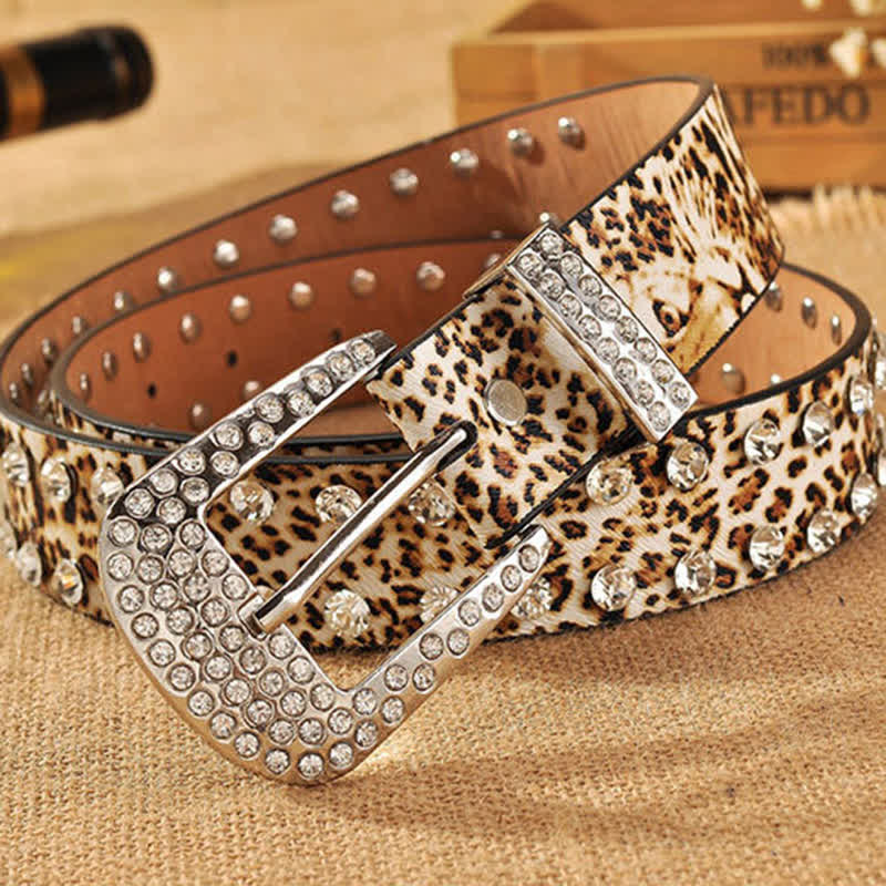 Women's Rhinestones Inlaid Leopard Print Leather Belt - Image 4