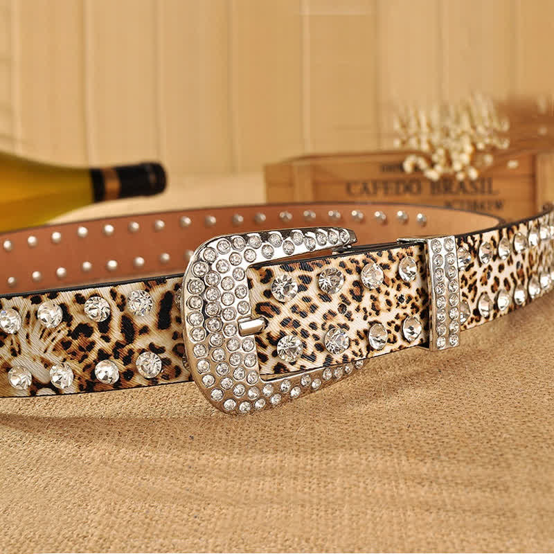 Women's Rhinestones Inlaid Leopard Print Leather Belt - Image 7