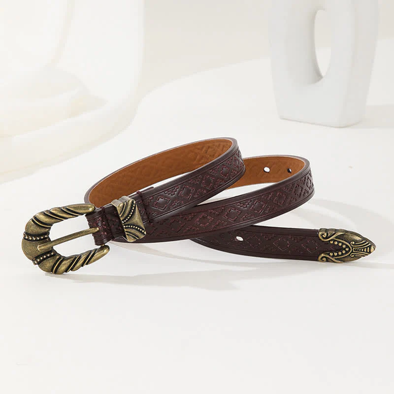 Women's Rhombus Embossed Coffee Leather Belt - Image 2
