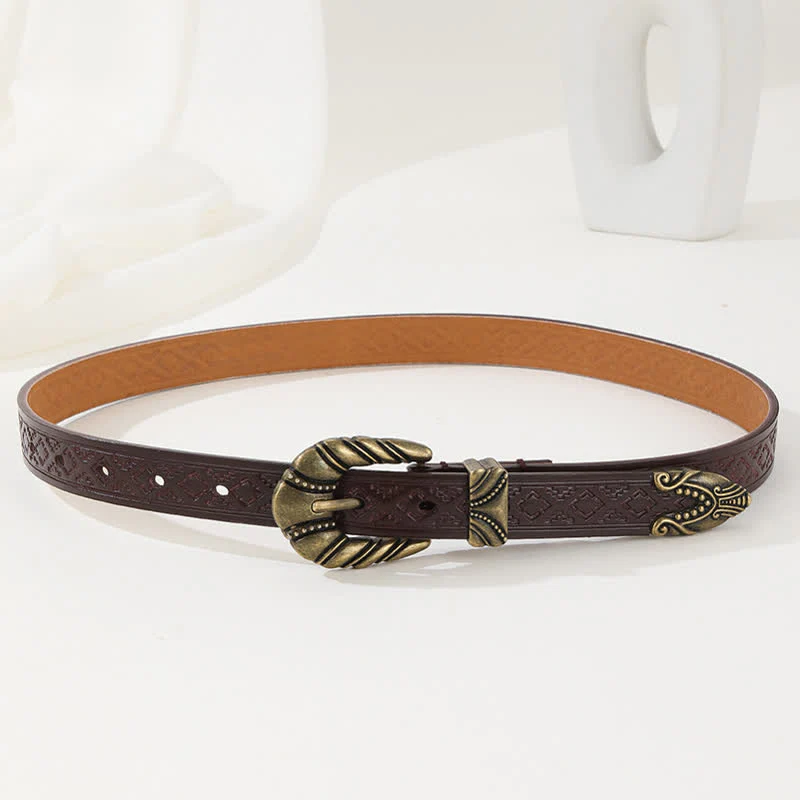 Women's Rhombus Embossed Coffee Leather Belt - Image 4