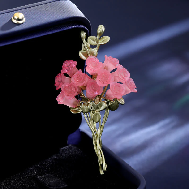 Women's Romantic Pink & Green Rose Bouquet Brooch - Image 2