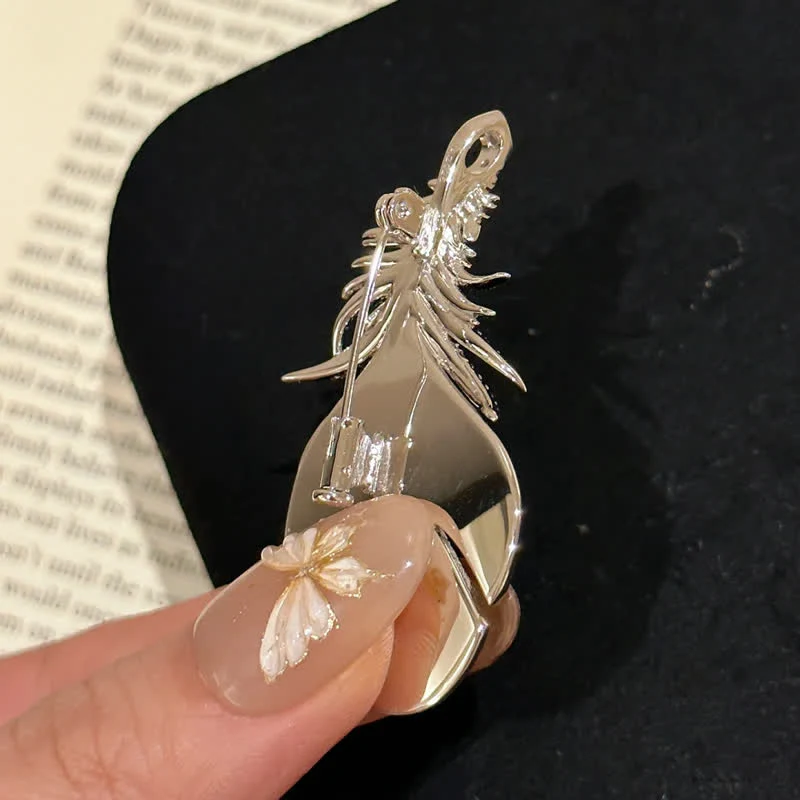 Women's Shiny Rhinestone Feather Pendant Brooch - Image 4