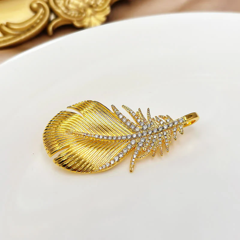 Women's Shiny Rhinestone Feather Pendant Brooch - Image 8