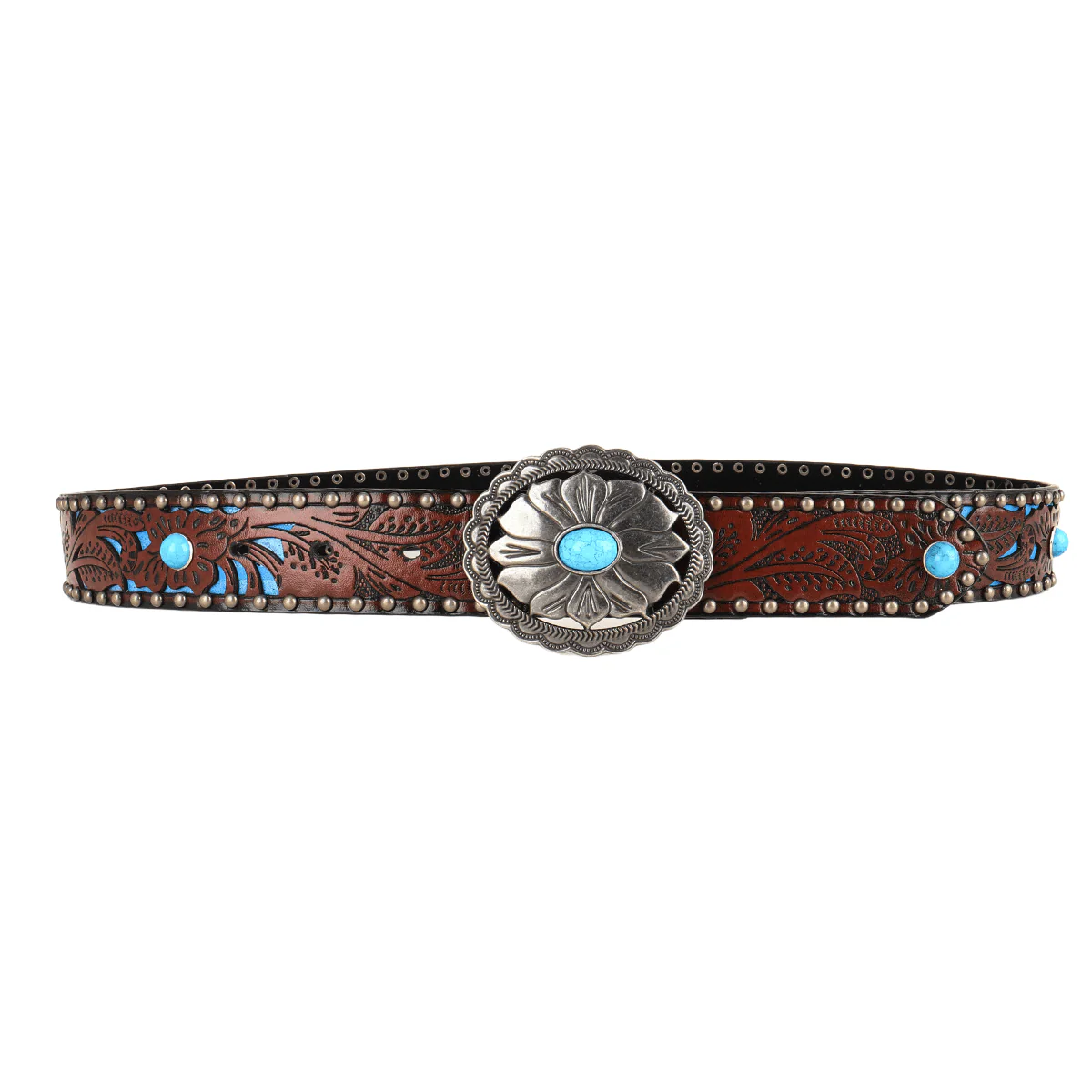 Women's Silver Flower Shaped Turquoise Buckle Metal Rivet Belt - Image 2