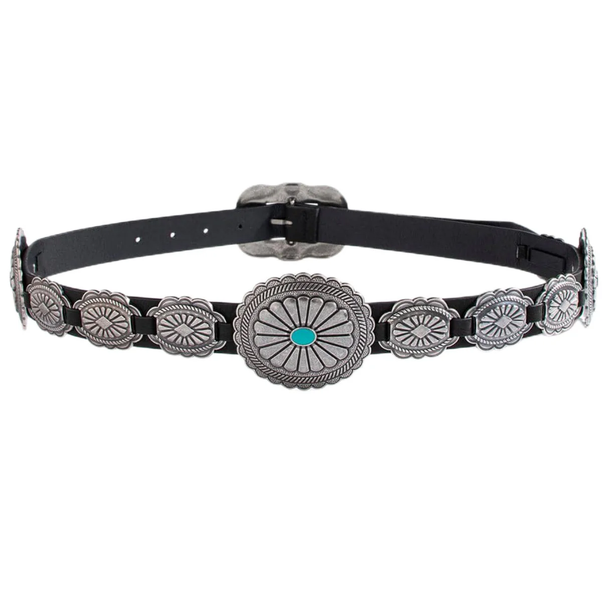 Women's Silver Patterned Turquoise Buckle Belt