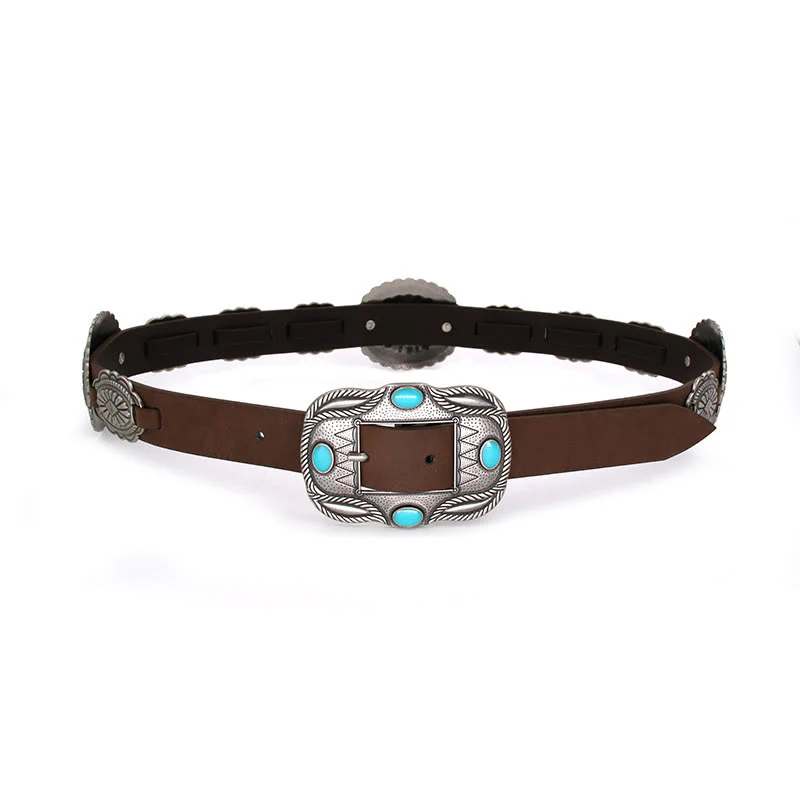 Women's Silver Patterned Turquoise Buckle Belt - Image 6