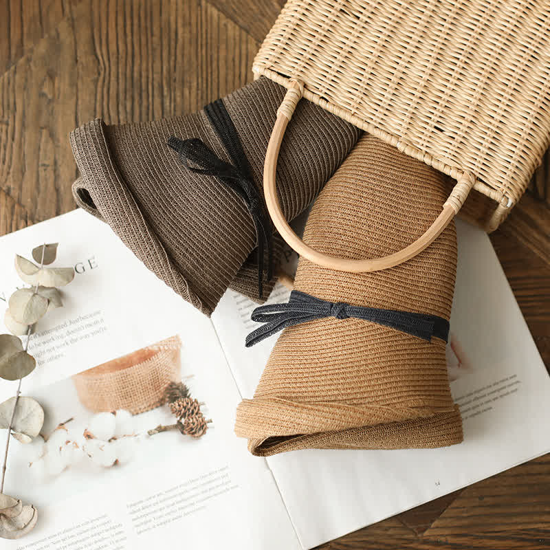 Women's Simple Style Roll Brim Foldable Straw Hat - Image 3