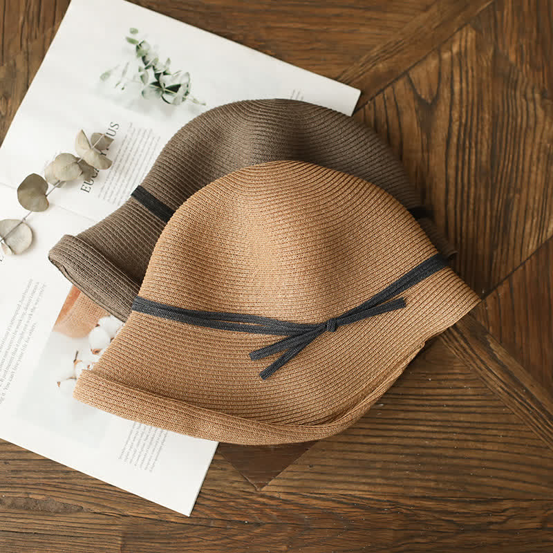 Women's Simple Style Roll Brim Foldable Straw Hat - Image 4