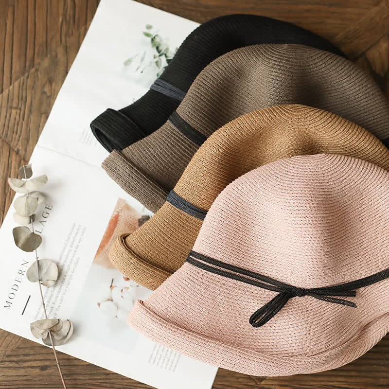 Women's Simple Style Roll Brim Foldable Straw Hat - Image 5