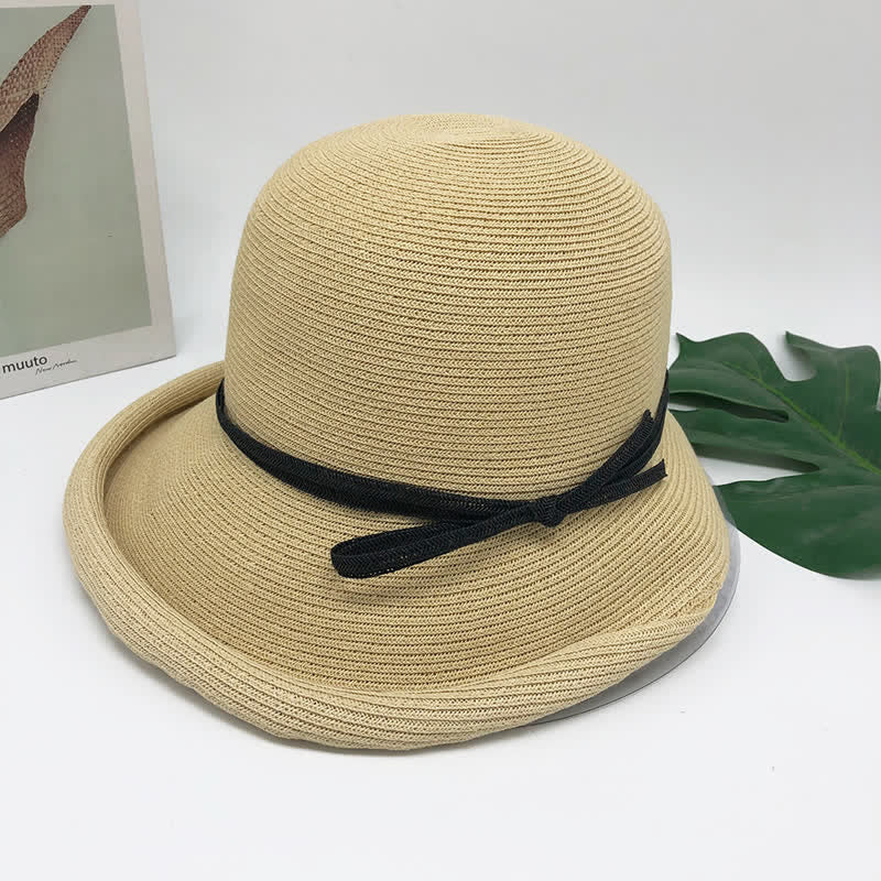 Women's Simple Style Roll Brim Foldable Straw Hat - Image 9