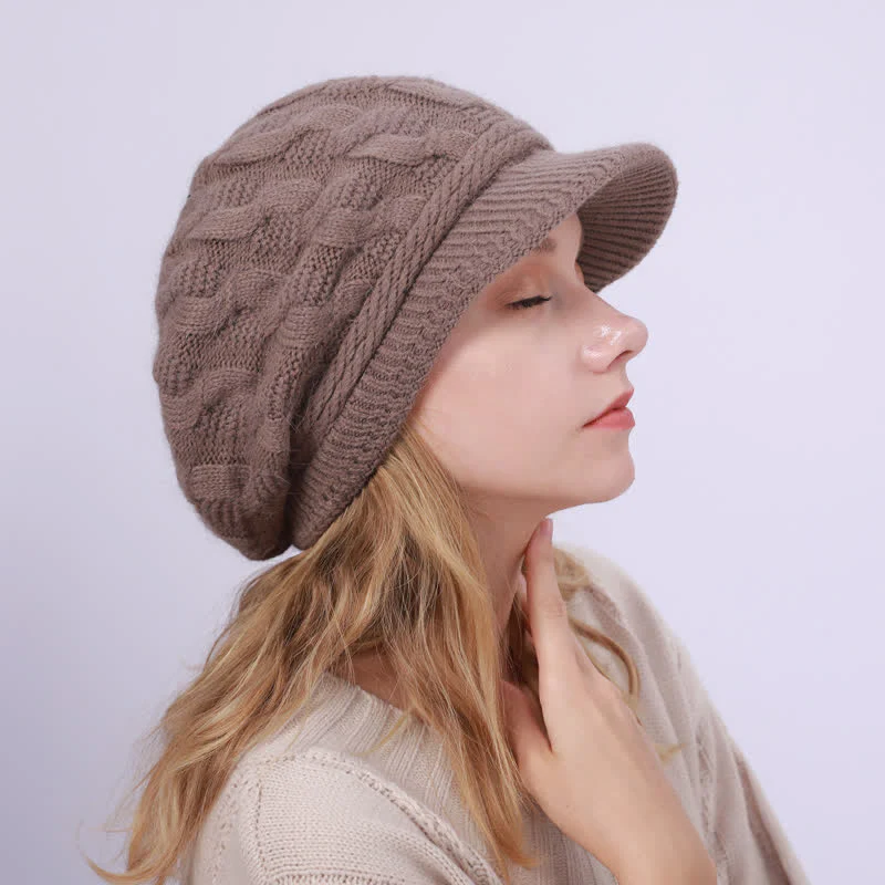 Women's Slouchy Fluffy Lining Visor Beanie Hat - Image 11
