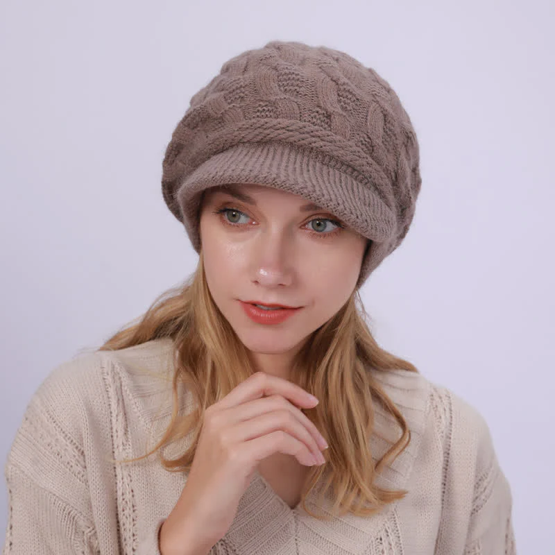 Women's Slouchy Fluffy Lining Visor Beanie Hat - Image 12