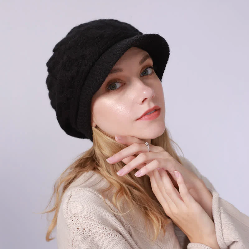 Women's Slouchy Fluffy Lining Visor Beanie Hat - Image 14