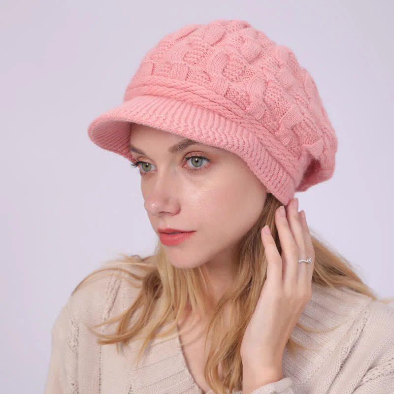 Women's Slouchy Fluffy Lining Visor Beanie Hat - Image 17