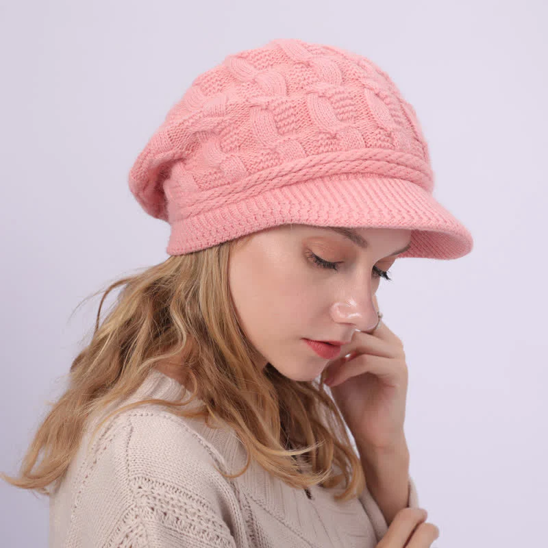 Women's Slouchy Fluffy Lining Visor Beanie Hat - Image 18