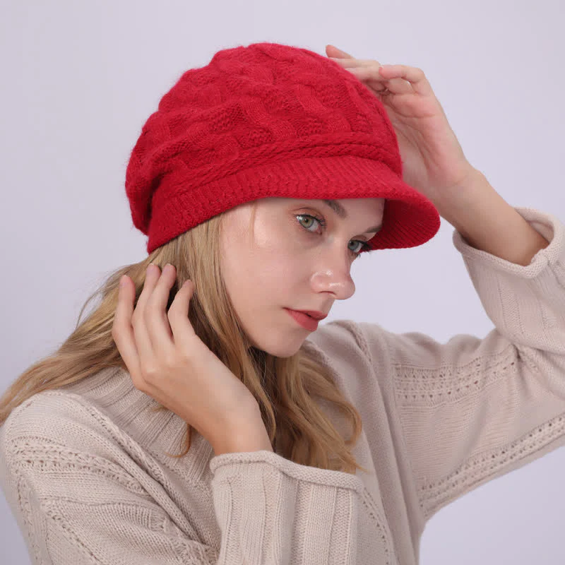 Women's Slouchy Fluffy Lining Visor Beanie Hat - Image 24