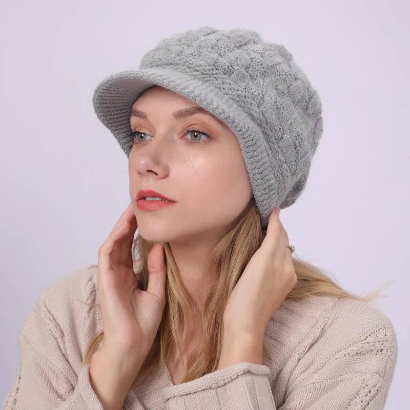 Women's Slouchy Fluffy Lining Visor Beanie Hat - Image 26