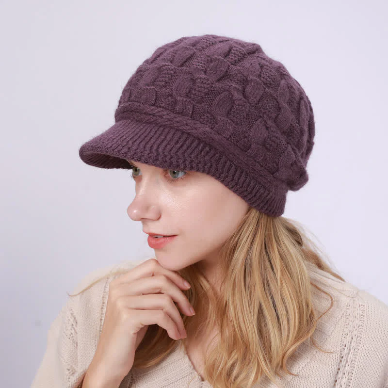 Women's Slouchy Fluffy Lining Visor Beanie Hat - Image 32