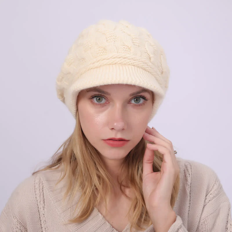 Women's Slouchy Fluffy Lining Visor Beanie Hat - Image 5