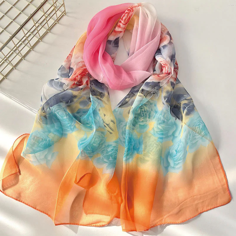Women's Soft Summer Chiffon Flower Pattern Beach Sunscreen Scarf - Image 44