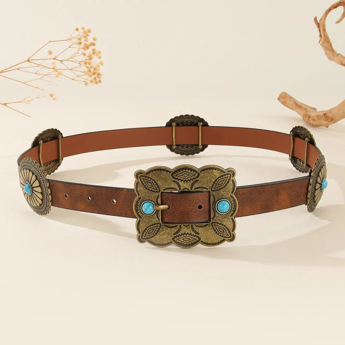 Women's Square Bronze Buckle Round Patterned Turquoise Belt - Image 3