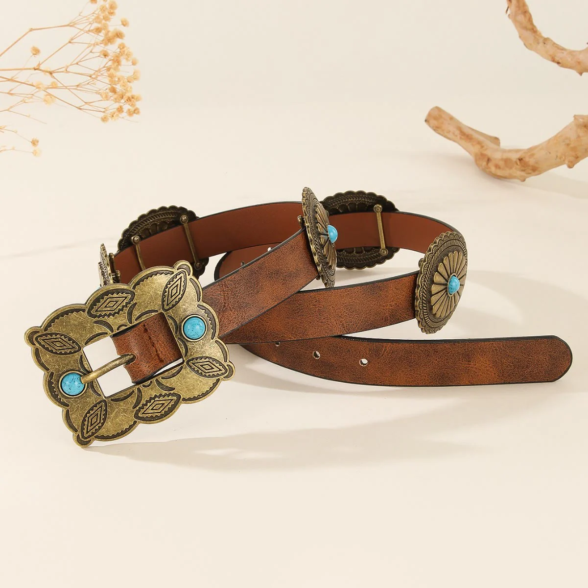 Women's Square Bronze Buckle Round Patterned Turquoise Belt - Image 4