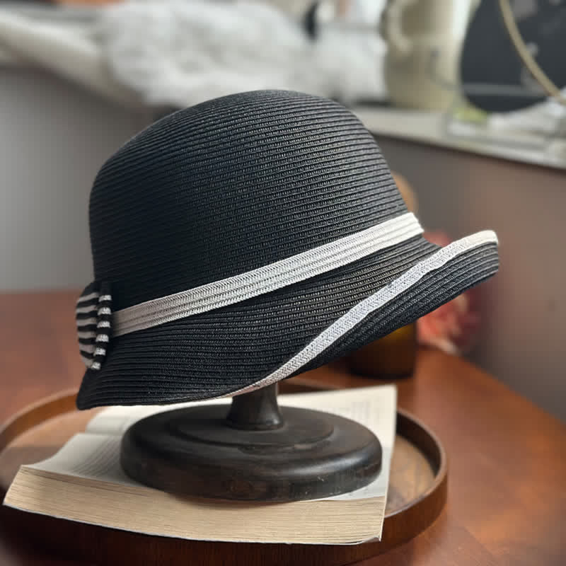 Women's Striped Bow Knot Beach Straw Fedora Hat - Image 5