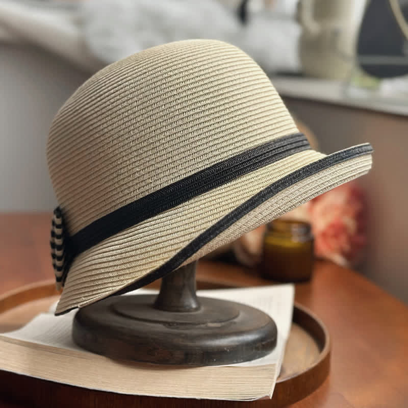 Women's Striped Bow Knot Beach Straw Fedora Hat - Image 7
