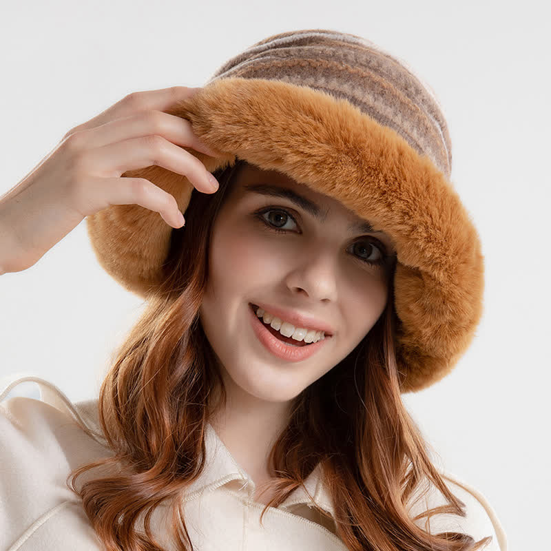 Women's Striped Warm Plush Brim Bucket Hat - Image 3