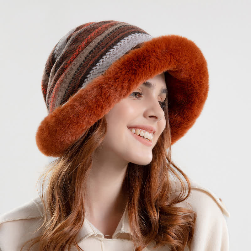 Women's Striped Warm Plush Brim Bucket Hat - Image 4