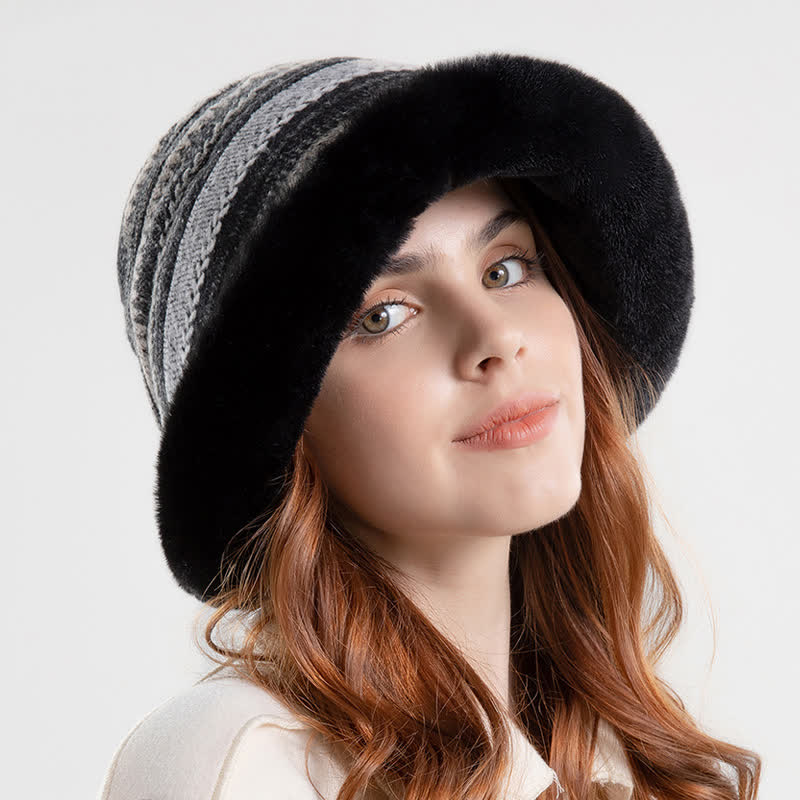 Women's Striped Warm Plush Brim Bucket Hat - Image 6