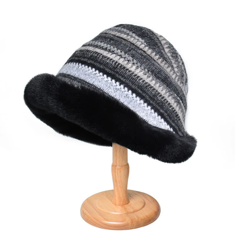 Women's Striped Warm Plush Brim Bucket Hat - Image 7