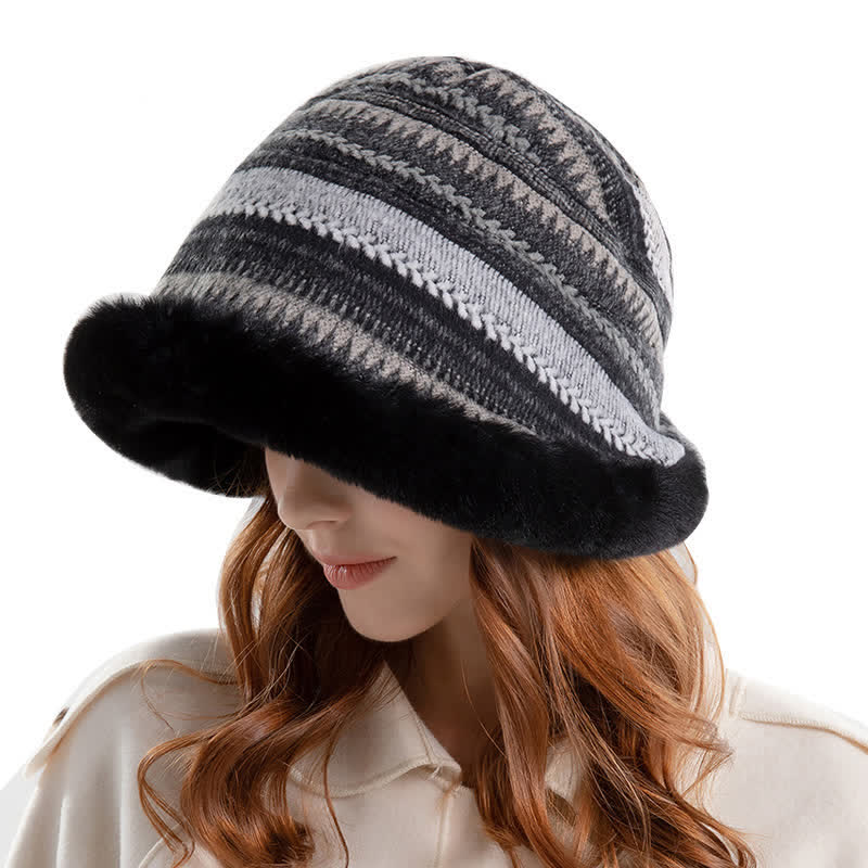 Women's Striped Warm Plush Brim Bucket Hat - Image 8