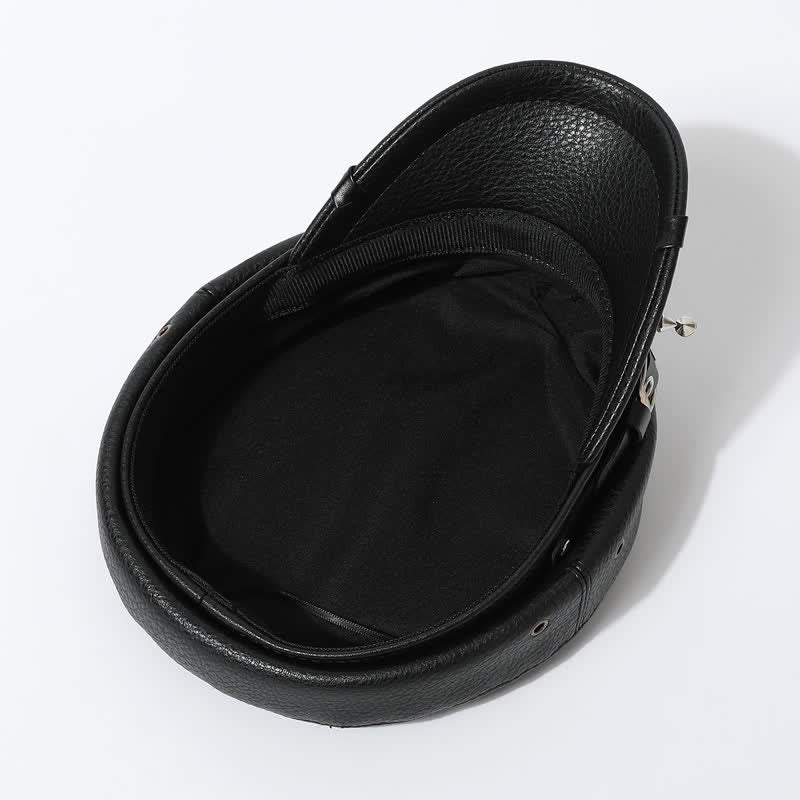 Women's Stylish Skull Rivet Navy Cap Black Leather Beret Hat - Image 5