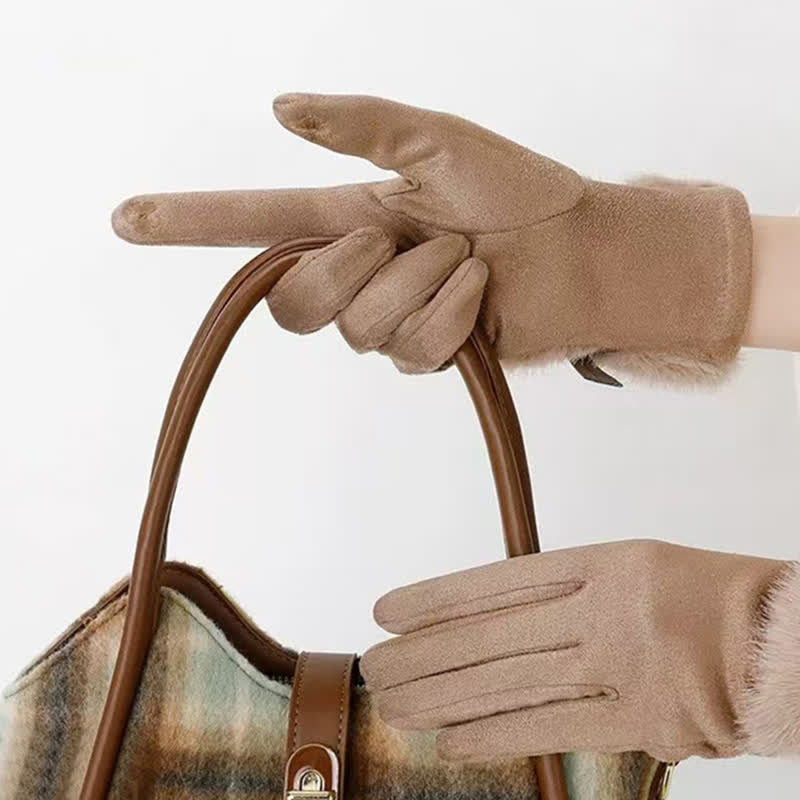 Women's Suede Plush Cuff Metal Decor Gloves - Image 2