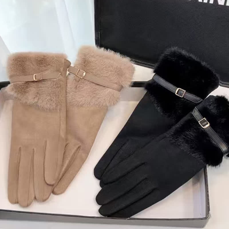 Women's Suede Plush Cuff Metal Decor Gloves - Image 3