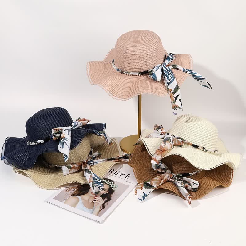 Women's Summer Flower Ribbon Pearl Decor Foldable Straw Hat - Image 2
