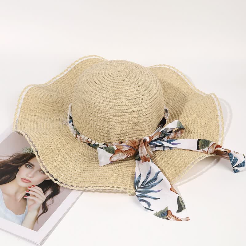 Women's Summer Flower Ribbon Pearl Decor Foldable Straw Hat - Image 3
