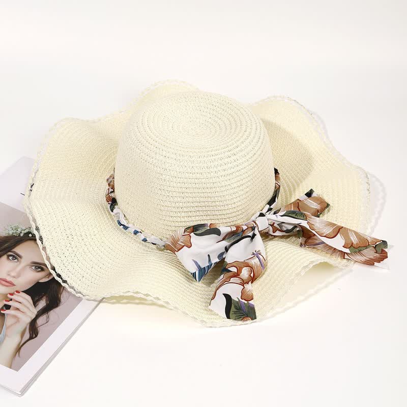 Women's Summer Flower Ribbon Pearl Decor Foldable Straw Hat - Image 4
