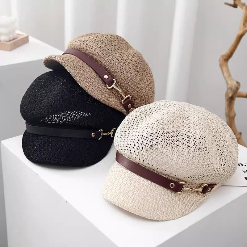 Women's Summer Solid Color Leather Band Decor Straw Beret Hat - Image 2