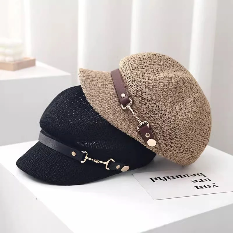 Women's Summer Solid Color Leather Band Decor Straw Beret Hat - Image 4