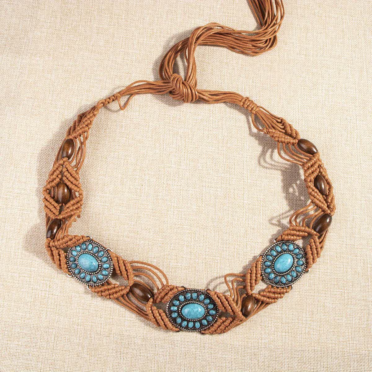 Women's Turquoise Inlaid Bohemian Braided Waist Rope Belt - Image 2