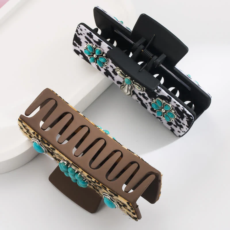 Women's Turquoise Leopard Dairy Cow Print Hair Claw Clip - Image 2